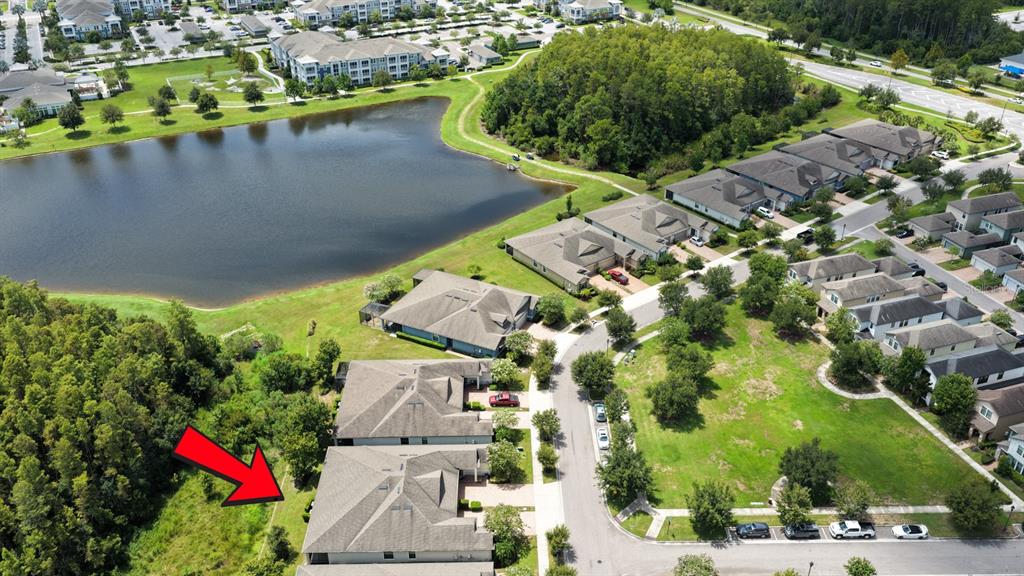 An aerial view shows a residential neighborhood with houses, a pond, and surrounding wooded areas — 16936 BALANCE COVE, LAND O LAKES, FL
