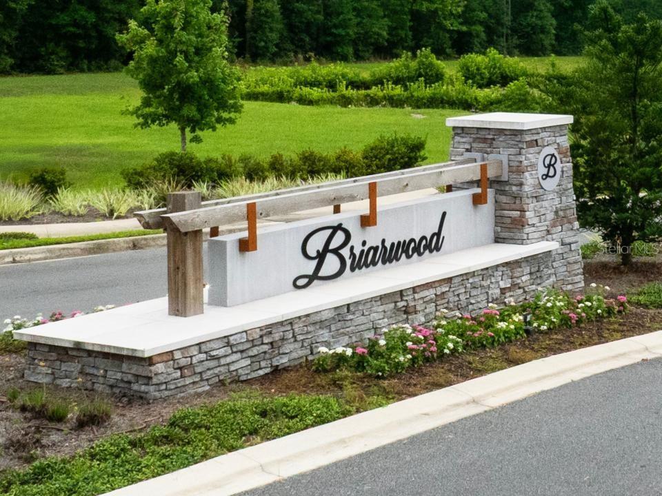 A stone and wood monument sign for Briarwood stands beside a paved road and lawn — 16780 NW 178TH TER, ALACHUA, FL