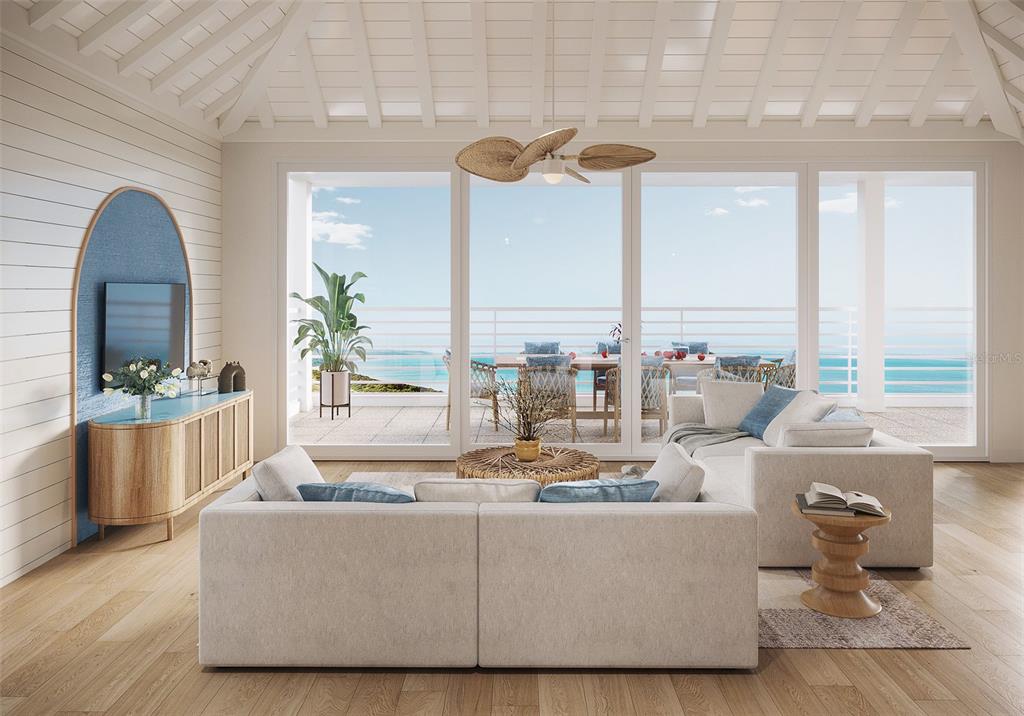 This rendering shows a living room with a sectional sofa, coastal decor, and ocean views — 640 LYONS LANE, LONGBOAT KEY, FL