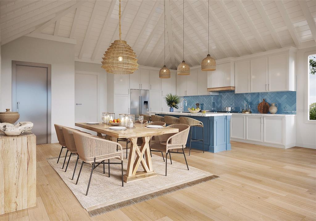 This rendering shows a kitchen and dining area with white cabinets, blue island, and wood floors — 640 LYONS LANE, LONGBOAT KEY, FL
