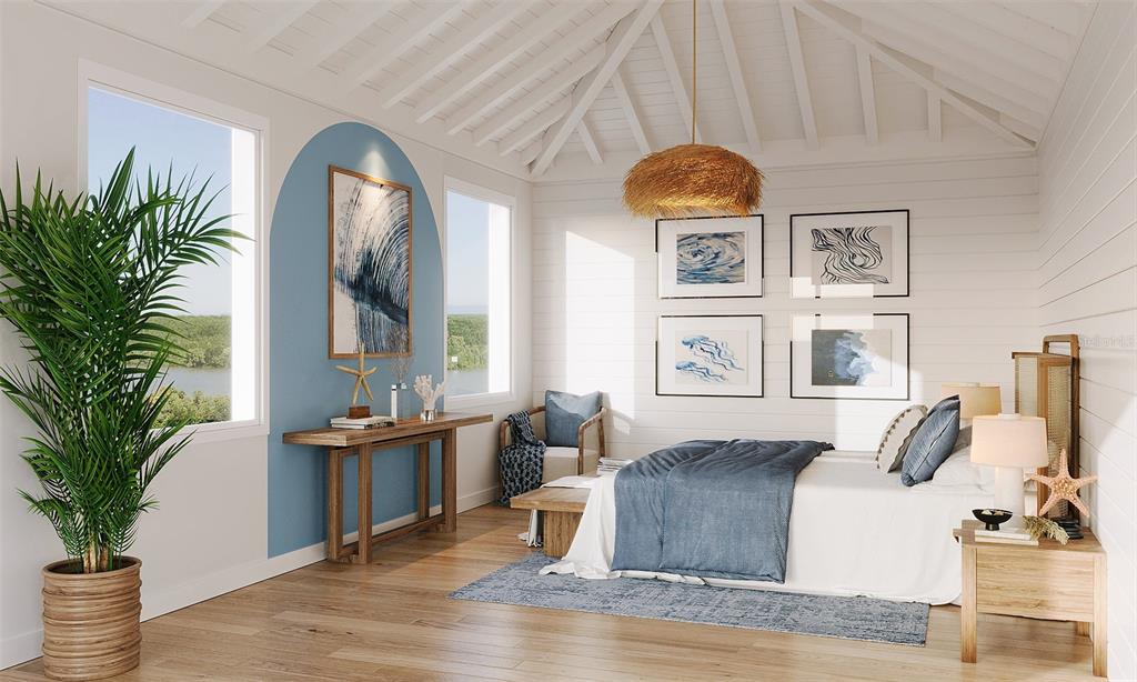 This rendering shows a coastal-style bedroom with white shiplap walls, a blue arched accent, and wood flooring — 640 LYONS LANE, LONGBOAT KEY, FL
