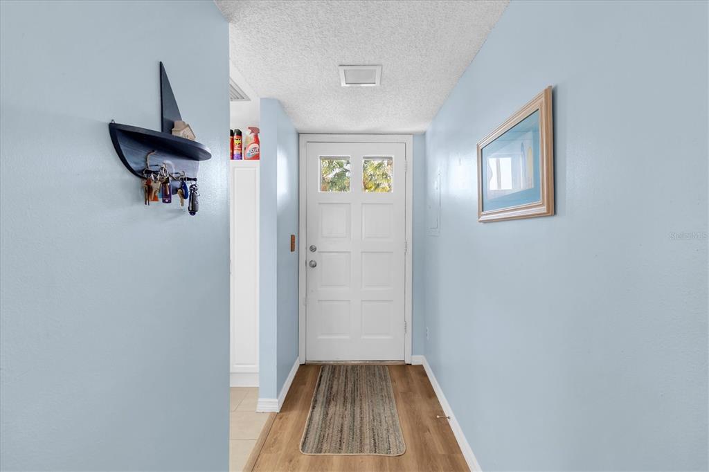 A hallway with light blue walls, wood-look flooring, and a white front door — 1701 PINEHURST ROAD UNIT 6A, DUNEDIN, FL