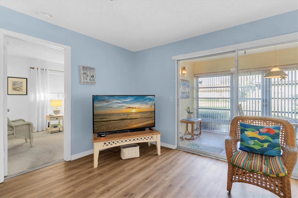 A living room with light blue walls, wood-look flooring, a television, and a sliding glass door — 1701 PINEHURST ROAD UNIT 6A, DUNEDIN, FL