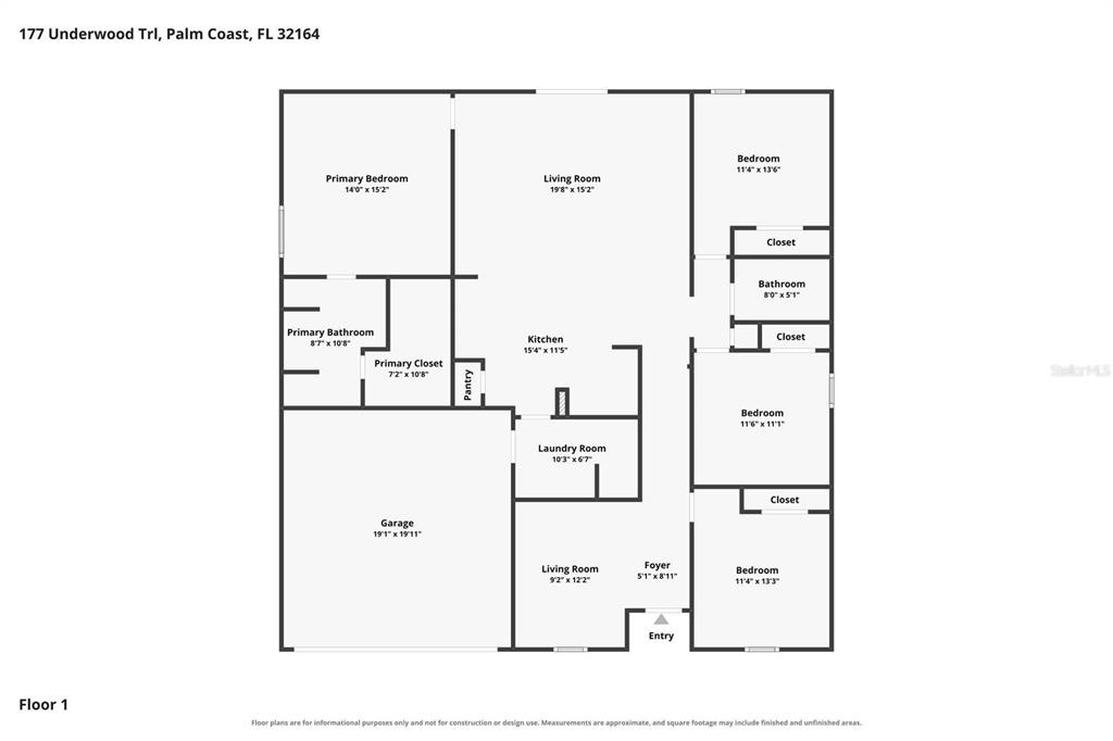 This is a floor plan showing the layout of a single-story residential home — 177 UNDERWOOD TRAIL, PALM COAST, FL