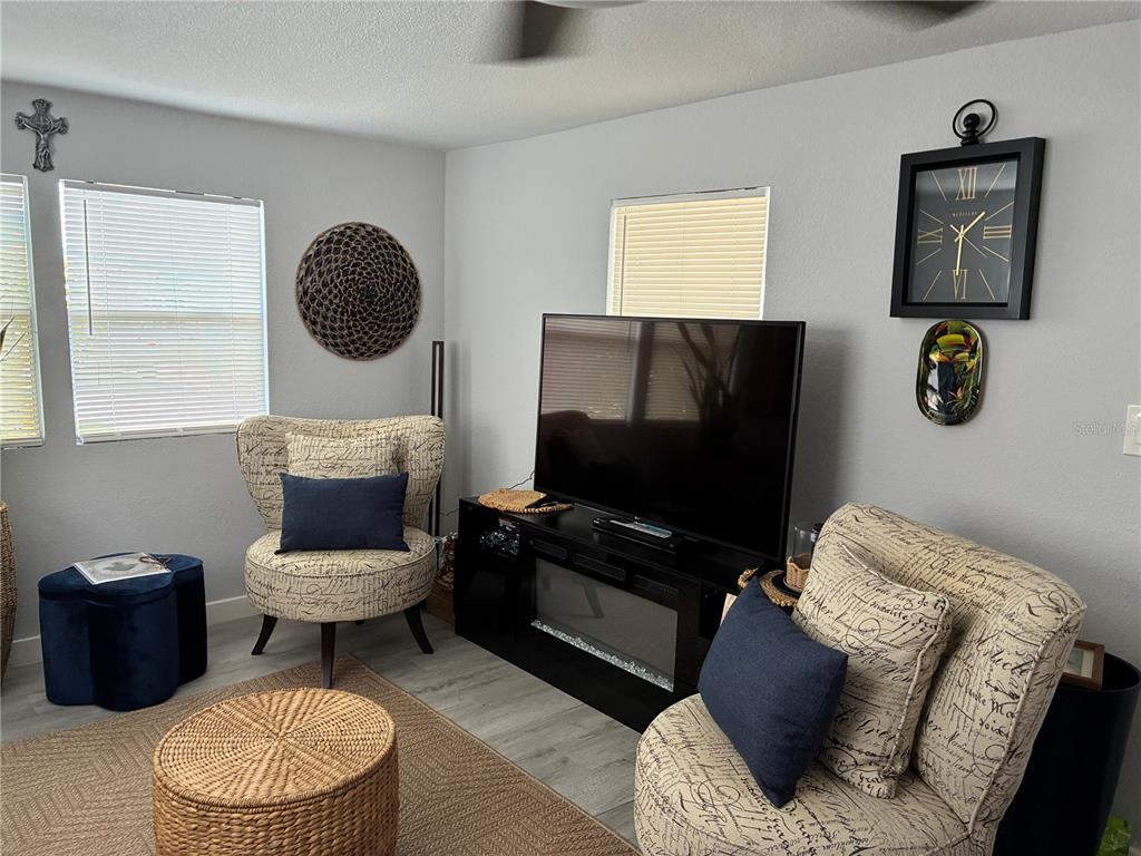 A living room features two patterned armchairs, a television on a media console, and decor — 30425 TIGER TAIL ROAD UNIT 346, SEBRING, FL