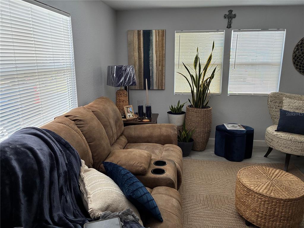 A living room features a brown reclining sofa, a patterned armchair, and several potted plants — 30425 TIGER TAIL ROAD UNIT 346, SEBRING, FL