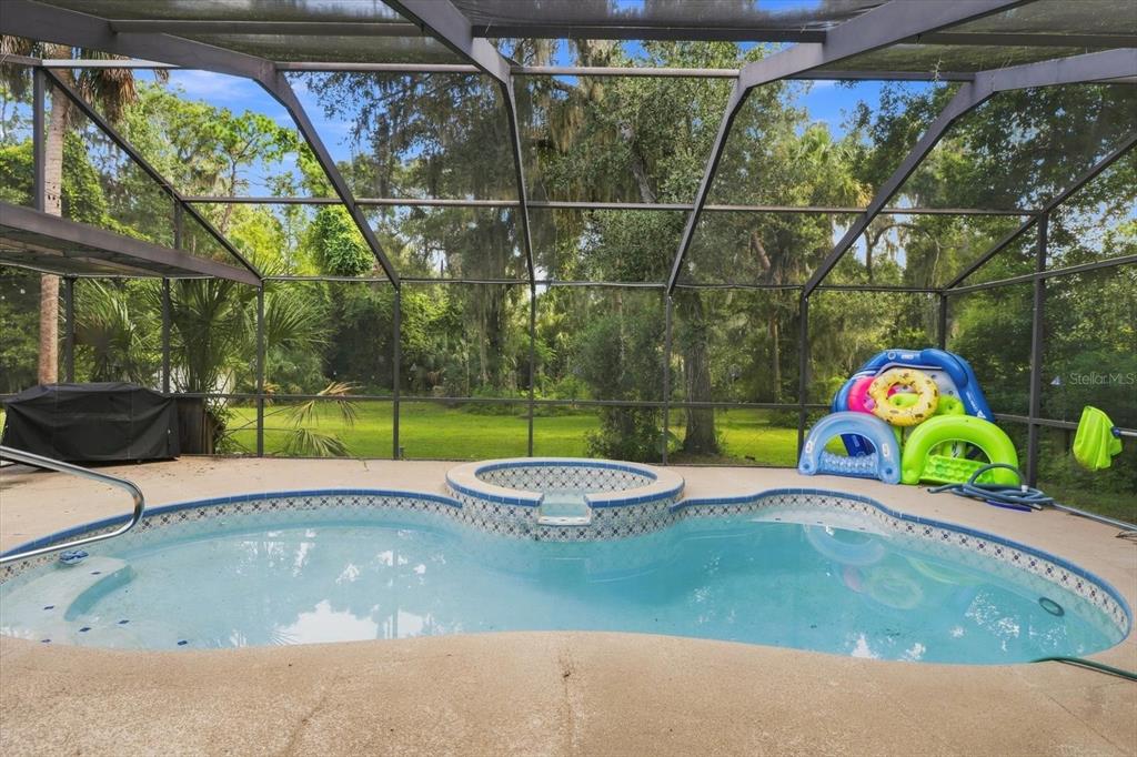 A screened-in swimming pool and hot tub sit on a patio overlooking a wooded yard — 9685 W TOM MASON DRIVE, CRYSTAL RIVER, FL