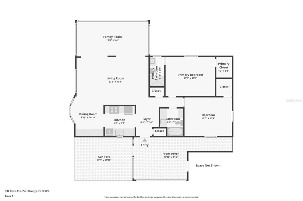 This is a floor plan of a single-story home with a carport and front porch — 732 DOVE AVENUE, PORT ORANGE, FL