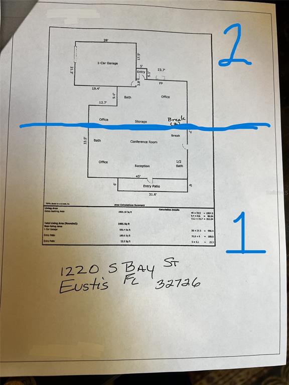 This is a floor plan for a commercial building featuring multiple offices, a conference room, and a garage — 1220 S BAY STREET S, EUSTIS, FL