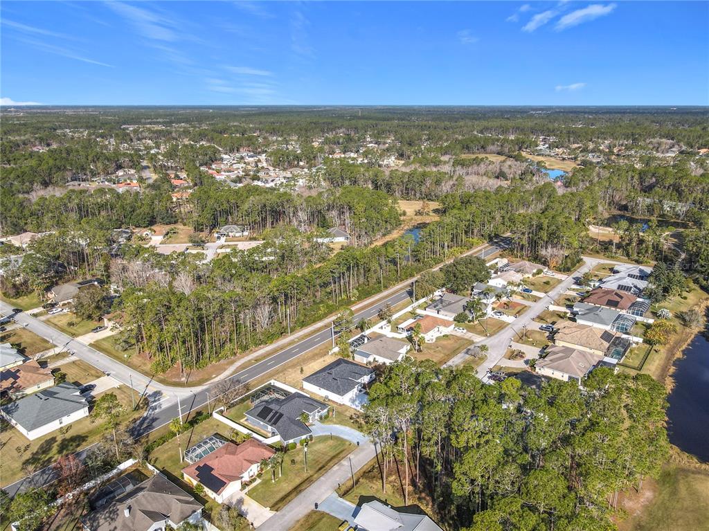 An aerial view shows a suburban neighborhood with houses, streets, and surrounding wooded areas — 16 EGAN DRIVE, PALM COAST, FL