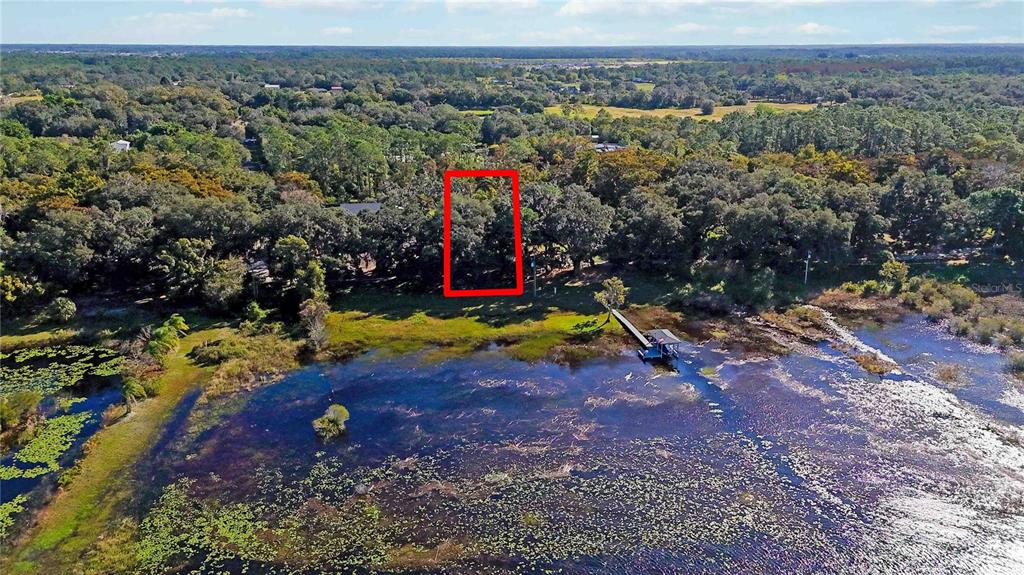 An aerial view shows a wooded lot outlined in red bordering a lake with a dock — 0 LILLIAN BLACK ROAD, ST CLOUD, FL