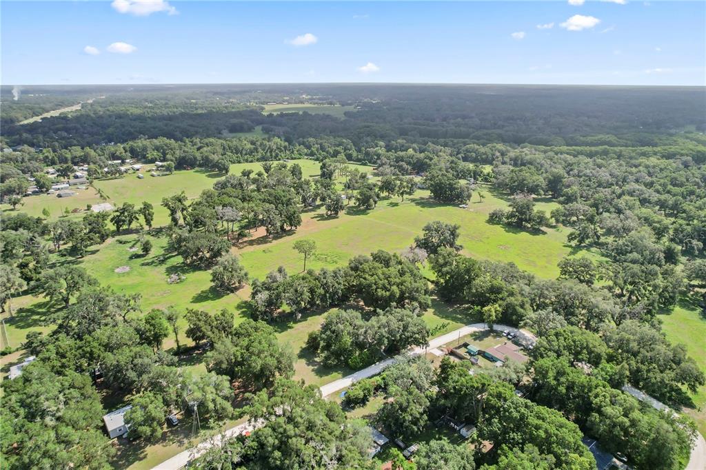 An aerial view shows a large, grassy pasture dotted with trees and scattered residential buildings — 37952 CRYSTAL WAY, DADE CITY, FL
