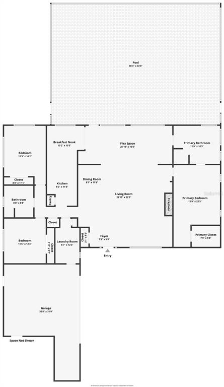 This floor plan shows a house layout with a large pool, three bedrooms, and a garage — 536 NW 9TH AVENUE, CRYSTAL RIVER, FL