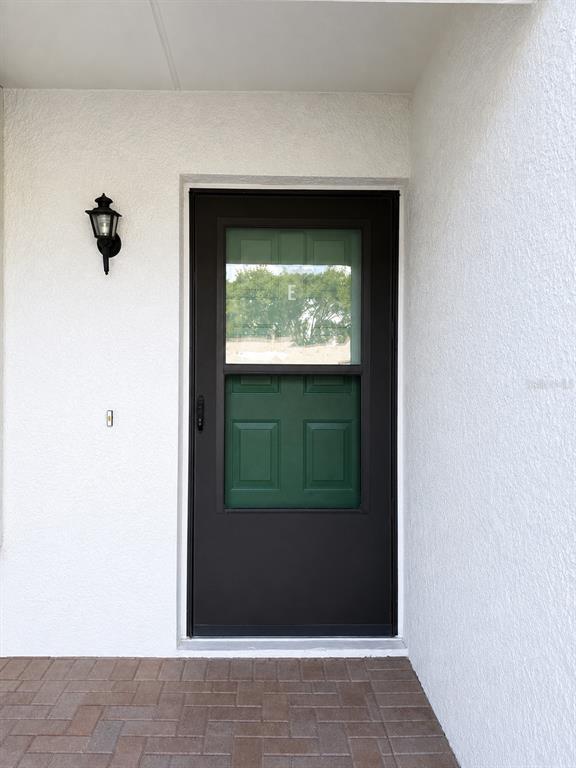 A dark storm door with a green inner door is set against a white wall — 2531 ROYAL PINES CIRCLE UNIT 23E, CLEARWATER, FL