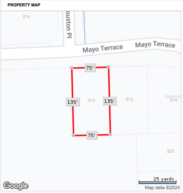 This is a property map showing a rectangular lot measuring 75 feet by 135 feet — 313 JAMES IRWIN TERRACE, LABELLE, FL