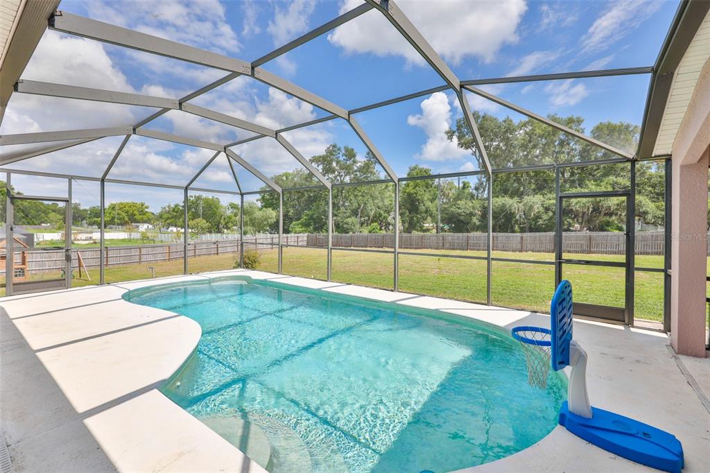 A screened-in swimming pool sits on a patio overlooking a large, fenced-in grassy backyard — 10234 BLOOMFIELD HILLS DRIVE, SEFFNER, FL