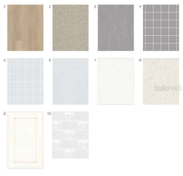 A digital collage displaying ten numbered samples of various interior flooring, tile, and cabinetry finishes — 19357 LOCHSIDE LANE, MOUNT DORA, FL