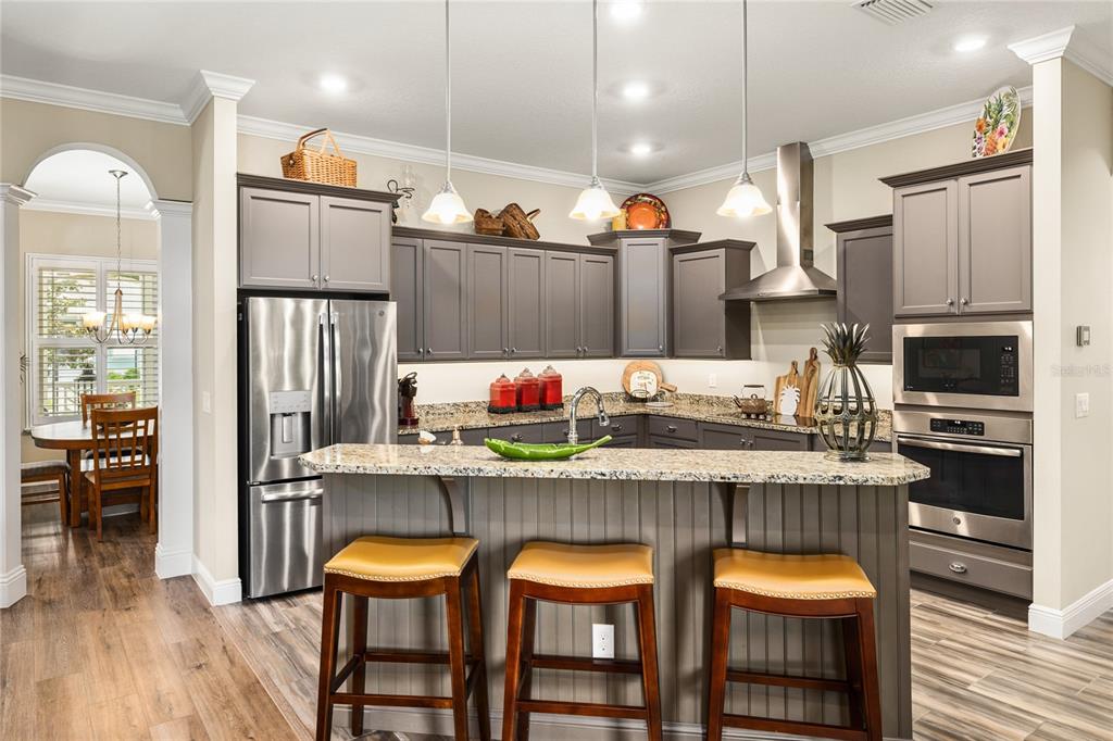 A kitchen features gray cabinets, granite countertops, stainless steel appliances, and a breakfast bar — 1097 SUGAR LOAF KEY LOOP, LADY LAKE, FL