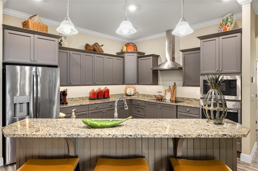 A kitchen features gray cabinets, granite countertops, a stainless steel refrigerator, and three pendant lights — 1097 SUGAR LOAF KEY LOOP, LADY LAKE, FL