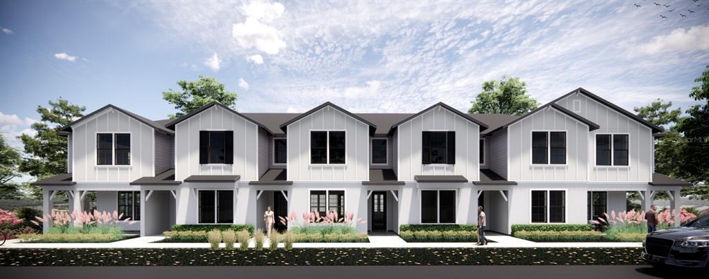 This is a rendering of a multi-unit townhouse building with a white modern farmhouse exterior — N MAIN STREET, ST CLOUD, FL