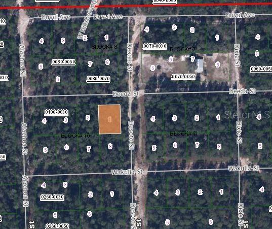 This is a map showing a highlighted rectangular land parcel located at a street intersection — 105 DEEDA STREET, FLORAHOME, FL