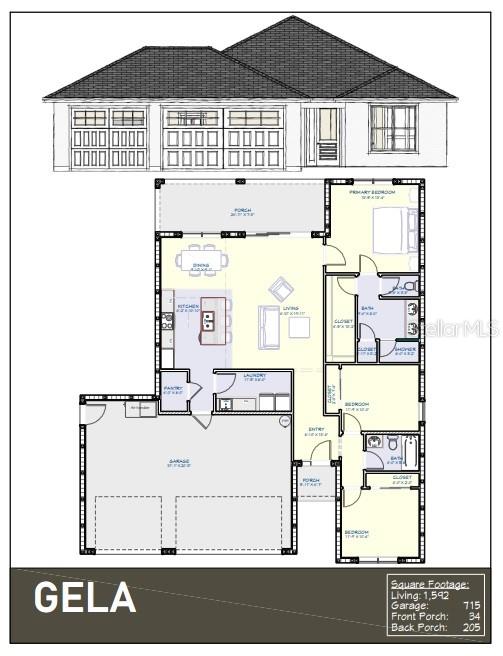 This is a floor plan and exterior rendering for a single-story house named Gela — 2040 ALBA DRIVE, INDIAN LAKE ESTATES, FL