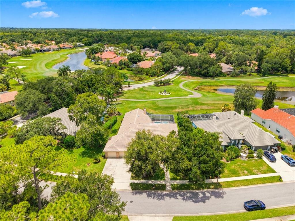 An aerial view of a suburban house with a pool cage overlooking a golf course — 85 KELLEYS TRAIL, OLDSMAR, FL