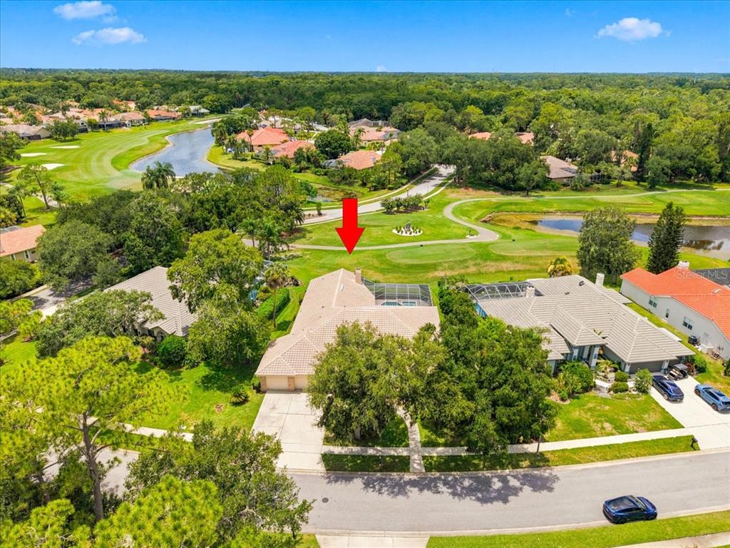 An aerial view shows a single-story house with a pool cage overlooking a golf course — 85 KELLEYS TRAIL, OLDSMAR, FL