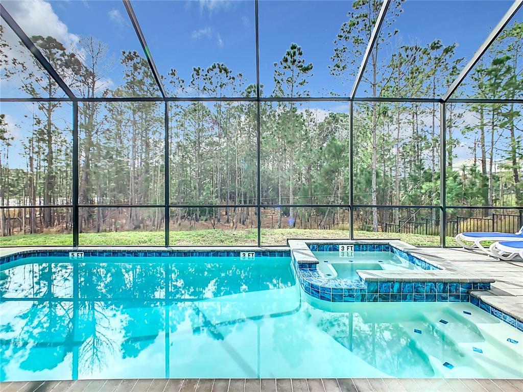 A swimming pool and attached spa are enclosed by a screened lanai overlooking woods — 2125 PINE OAK LOOP, DAVENPORT, FL