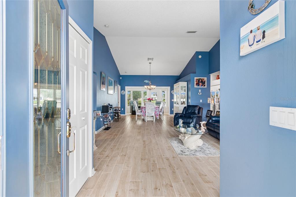 A view from an entryway into a blue-walled living and dining area with wood-look flooring — 12133 ARRON TERRACE, TRINITY, FL