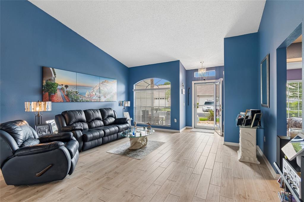 A living room features blue walls, wood-look tile flooring, a black leather sofa, and armchair — 12133 ARRON TERRACE, TRINITY, FL