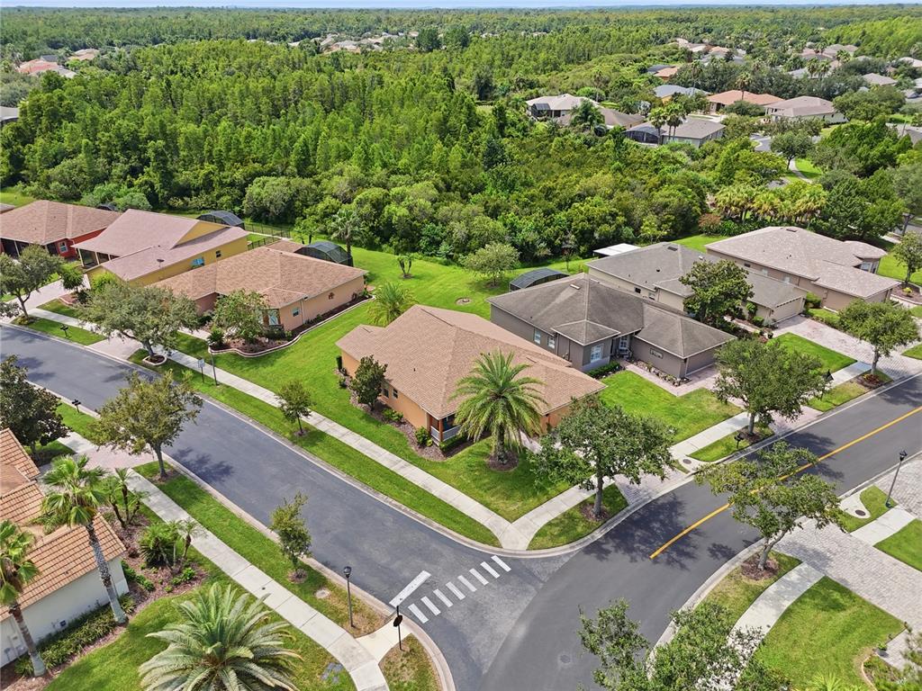 An aerial view shows a suburban neighborhood with houses, manicured lawns, and surrounding wooded areas — 513 BARCELONA DRIVE, KISSIMMEE, FL
