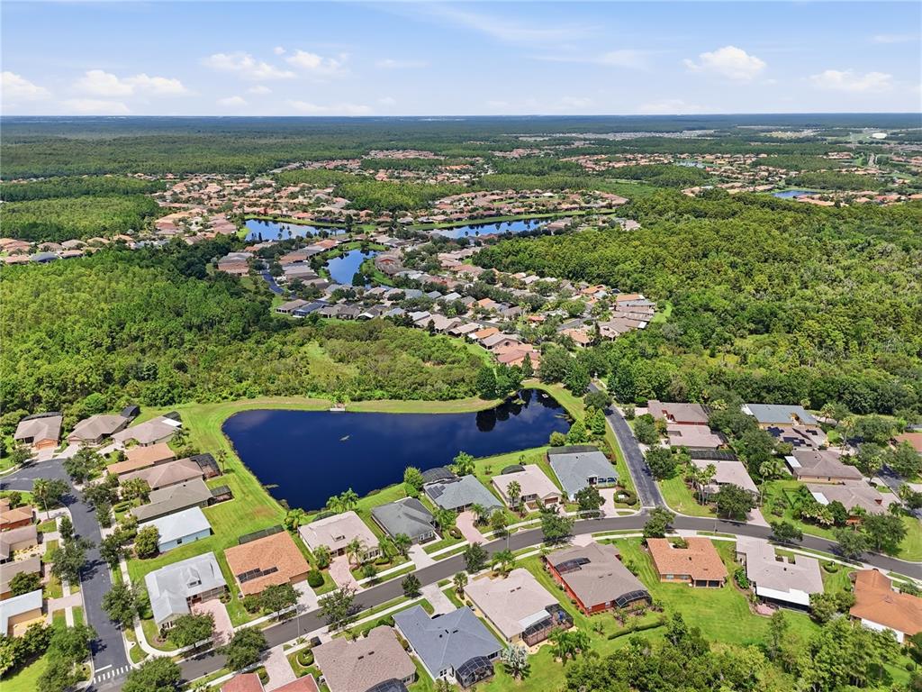 An aerial view shows a suburban neighborhood with houses surrounding a central pond and forest — 513 BARCELONA DRIVE, KISSIMMEE, FL