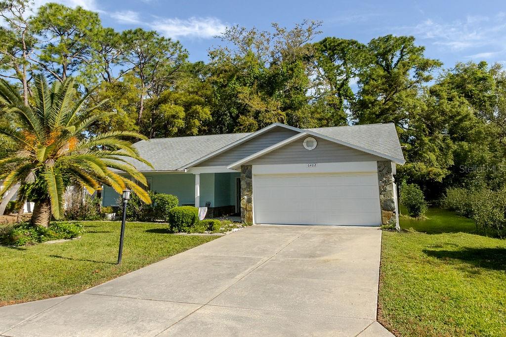 A single-story house with a light blue exterior, a two-car garage, and a palm tree — 6402 OCEAN PINES LANE, SPRING HILL, FL
