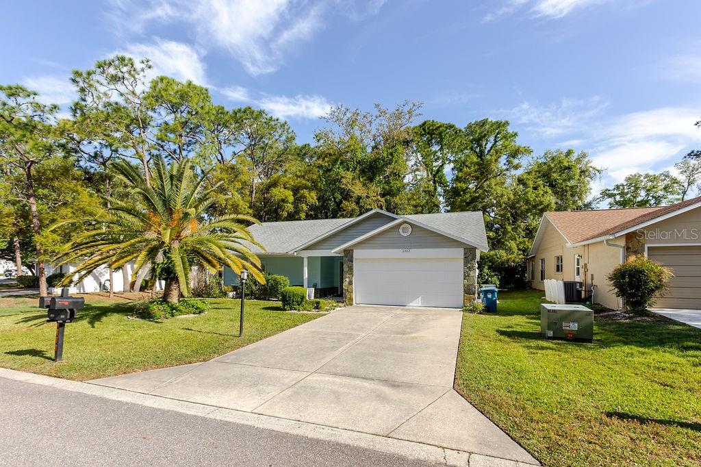 A single-story house with a white garage door, a palm tree, and a concrete driveway — 6402 OCEAN PINES LANE, SPRING HILL, FL