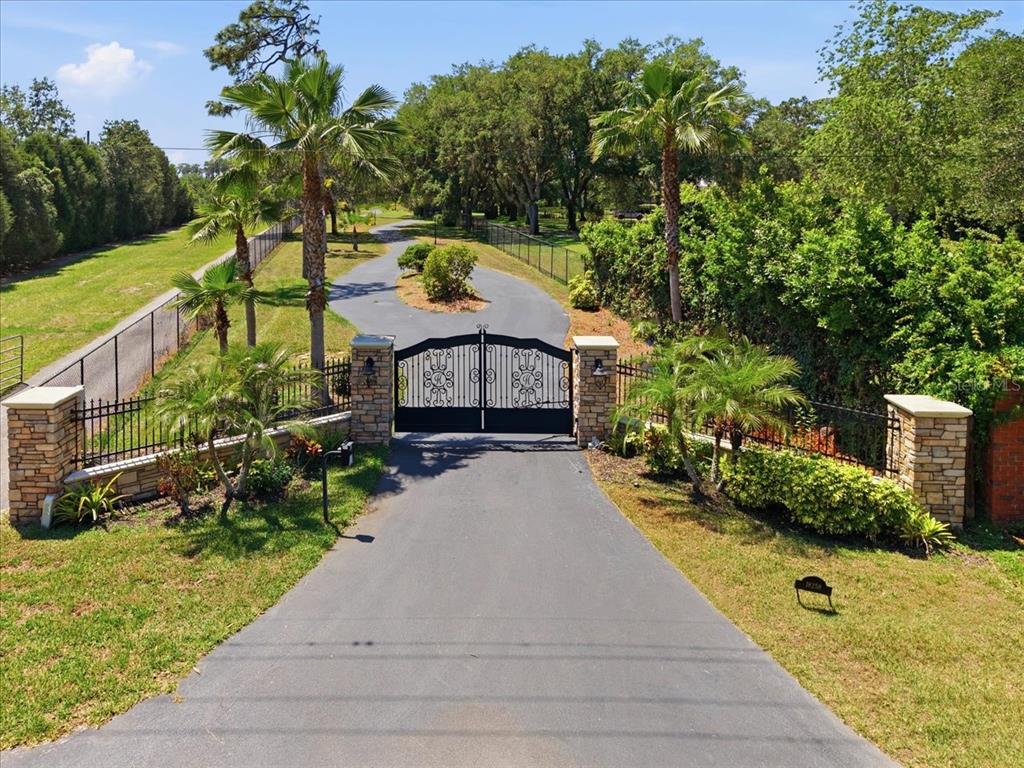 A paved driveway leads to a gated entrance flanked by stone pillars and palm trees — 18258 WAYNE ROAD, ODESSA, FL