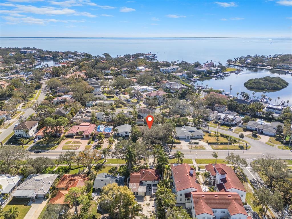 An aerial view shows a house with a brown roof surrounded by trees and landscaping — 215 SNELL ISLE BOULEVARD NE, ST PETERSBURG, FL