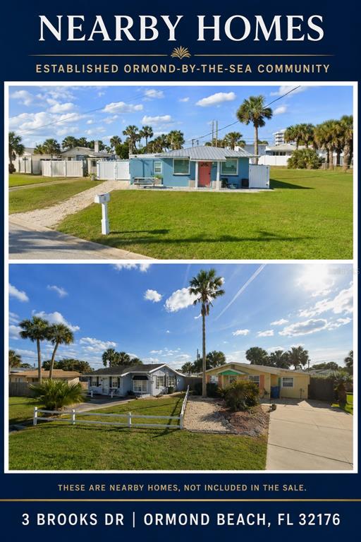 Two exterior views of neighboring single-story houses with palm trees and lawns — 3 BROOKS DRIVE, ORMOND BEACH, FL