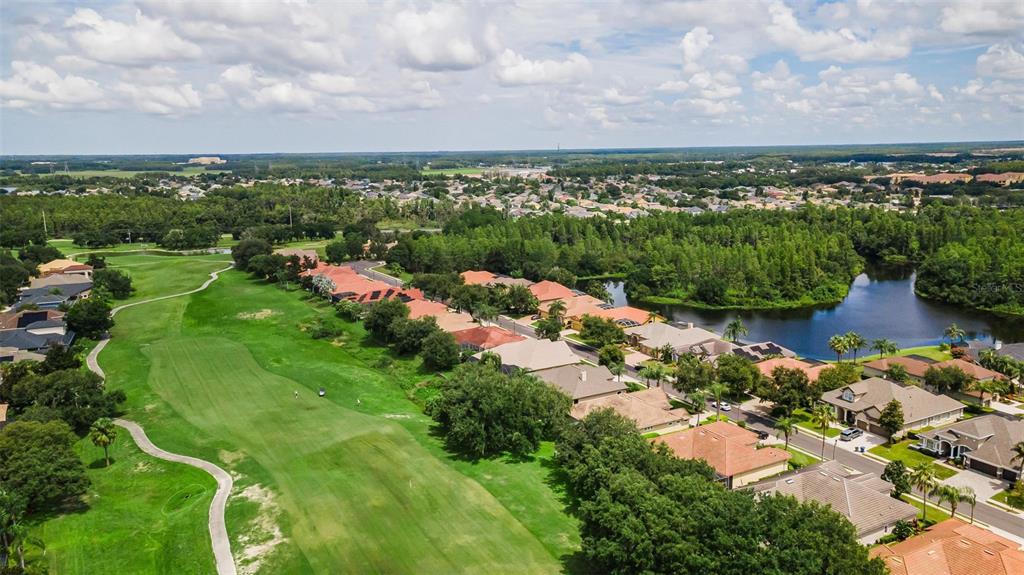 An aerial view shows a residential neighborhood bordering a golf course and a lake — 1453 EL PARDO DRIVE, TRINITY, FL