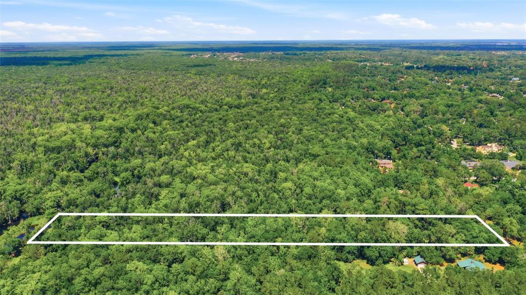 An aerial view shows a rectangular plot of land outlined in white amidst dense forest — DELK ROAD, LONGWOOD, FL