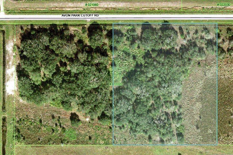 An aerial map view shows a wooded lot bordered by a road and adjacent properties — 0 AVON PARK CUTOFF ROAD, FORT MEADE, FL