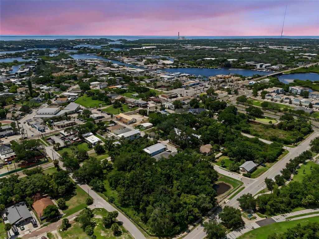 An aerial view shows a coastal neighborhood with houses, dense trees, and a distant power plant — 170 E SPRUCE STREET, TARPON SPRINGS, FL