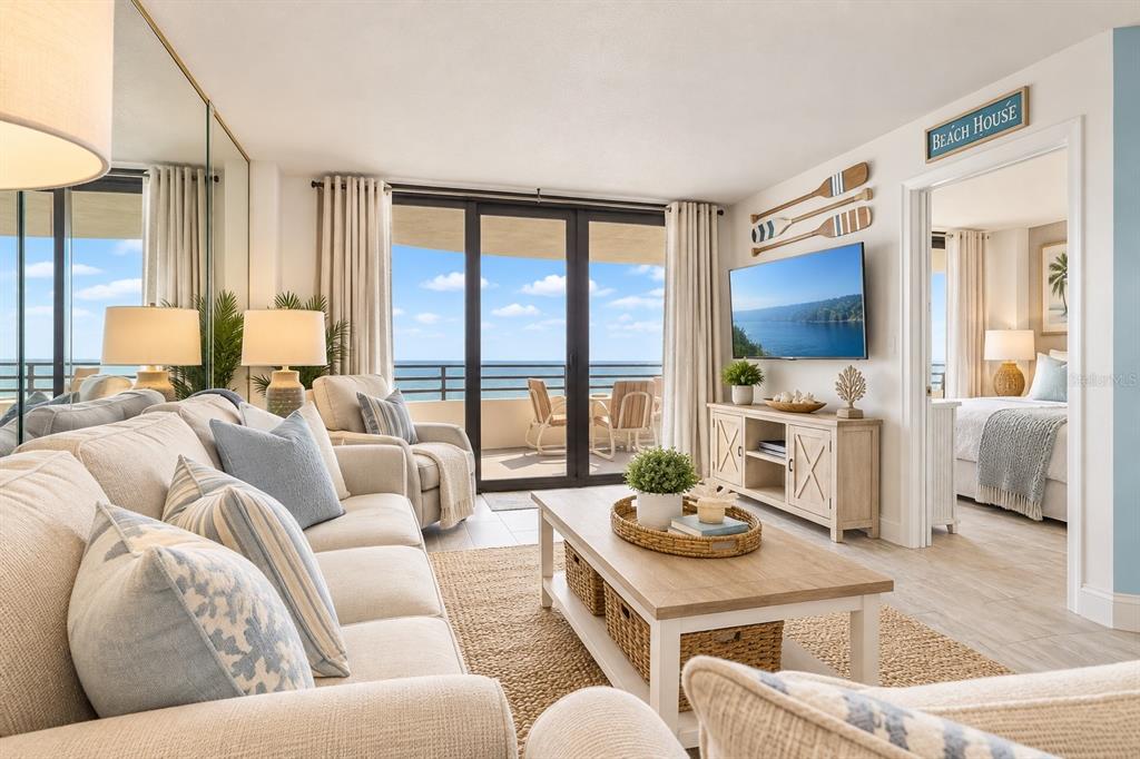 A living room features a blue sofa, a coffee table, and a balcony overlooking the ocean — 3115 S ATLANTIC AVENUE UNIT G030, DAYTONA BEACH, FL