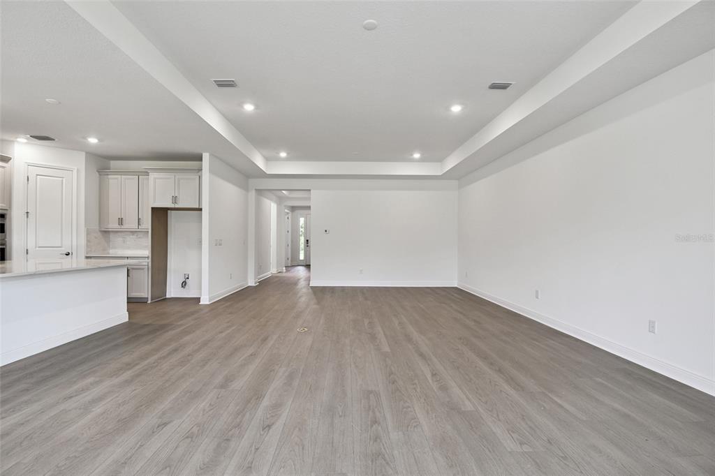 An open-concept living area features light wood-look flooring, white walls, and a tray ceiling — 3673 142ND TER E, PARRISH, FL