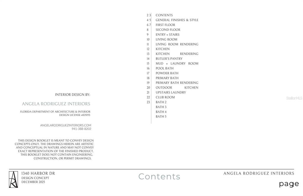 This image is a table of contents page for an interior design concept booklet — 1340 HARBOR DRIVE, SARASOTA, FL