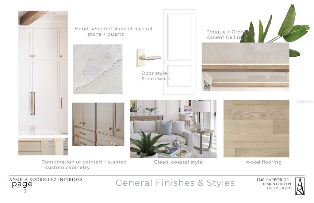 This design concept board displays various interior finishes, including cabinetry, stone, flooring, and hardware — 1340 HARBOR DRIVE, SARASOTA, FL