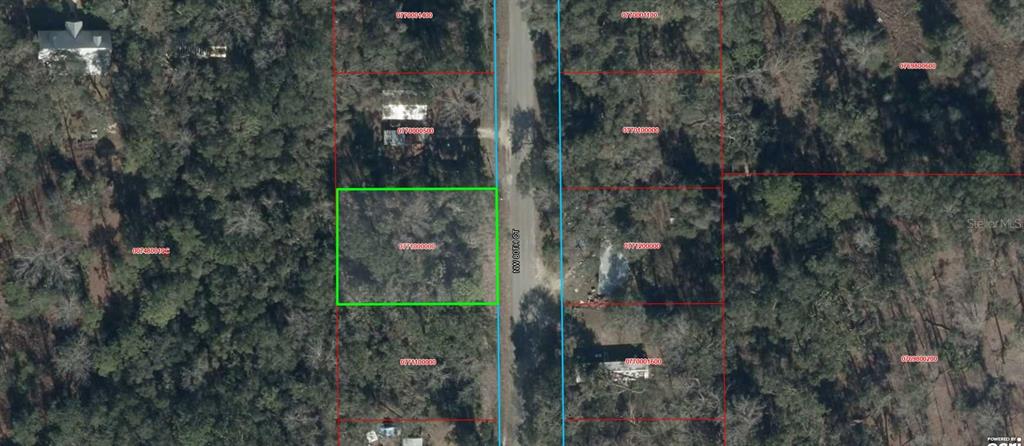 This is an aerial map showing a vacant, wooded lot highlighted in green — NW 80TH COURT, CHIEFLAND, FL