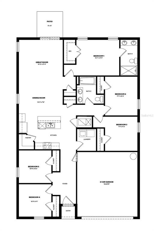 This is a floor plan for a five-bedroom home with a two-car garage and patio — 1219 TROPICAL HAMMOCK PLACE, RUSKIN, FL
