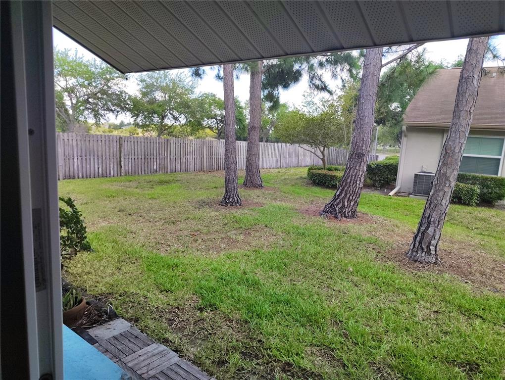 A backyard view from a patio featuring a grassy lawn, pine trees, and a fence — 10853 43RD STREET N UNIT 1201, CLEARWATER, FL