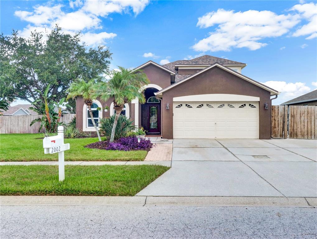 A brown single-story house with a two-car garage, palm trees, and a white mailbox — 2002 RAIN DANCE PLACE, BRANDON, FL